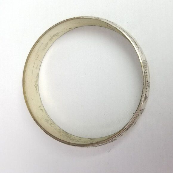 Vintage Silver Tone Bangle Bracelet, Etched Leaf Design Stacking Estate Unsigned - Picture 3 of 6